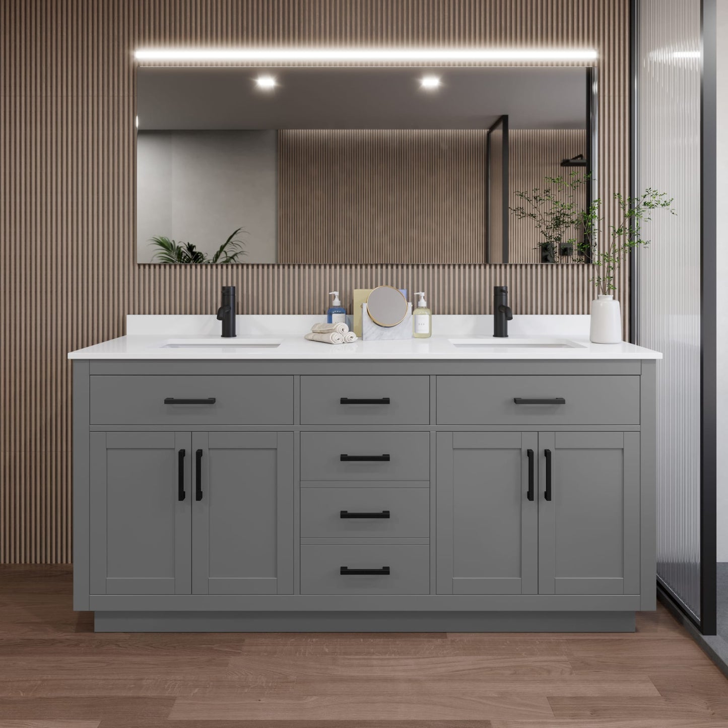 Beckett TK Bathroom Vanity with Countertop 72 inch Double Sink Single hole Faucet Setup