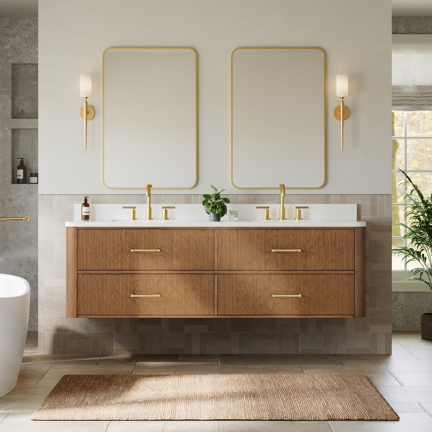 Francesca WM Wall Mounted Bathroom Vanity with Countertop 72 inch Double Sink 3-hole Faucet Setup