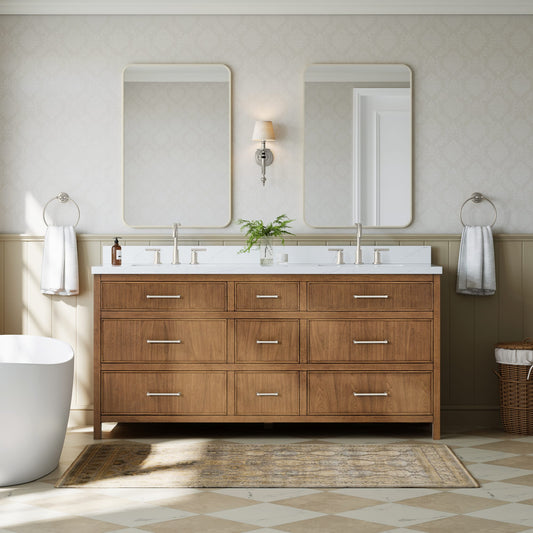 Isola Bathroom Vanity with Countertop 72 inch Double Sink 3-hole Faucet Setup