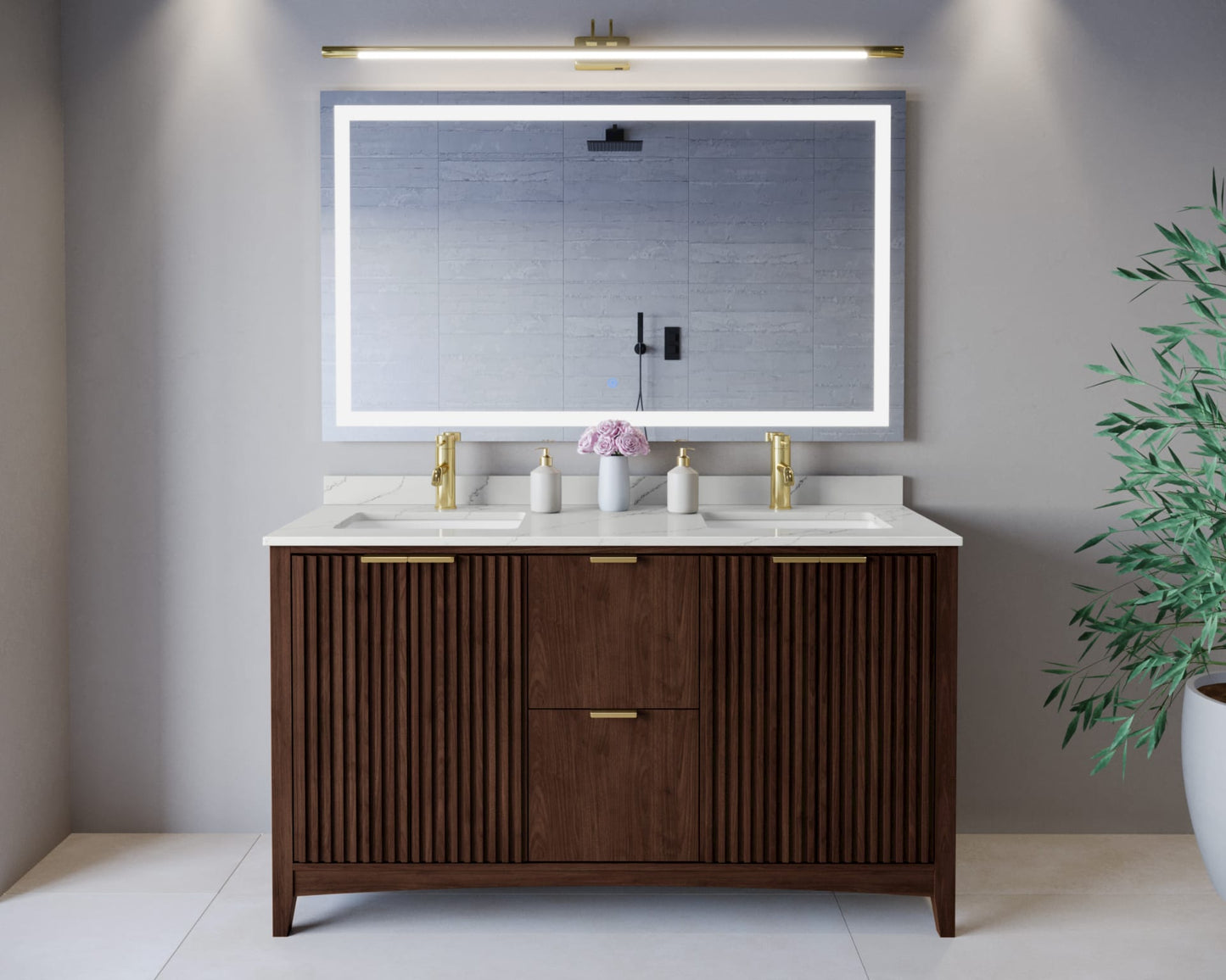 Palmilla Bathroom Vanity with Countertop 60 inch Double Sink Single hole Faucet Setup