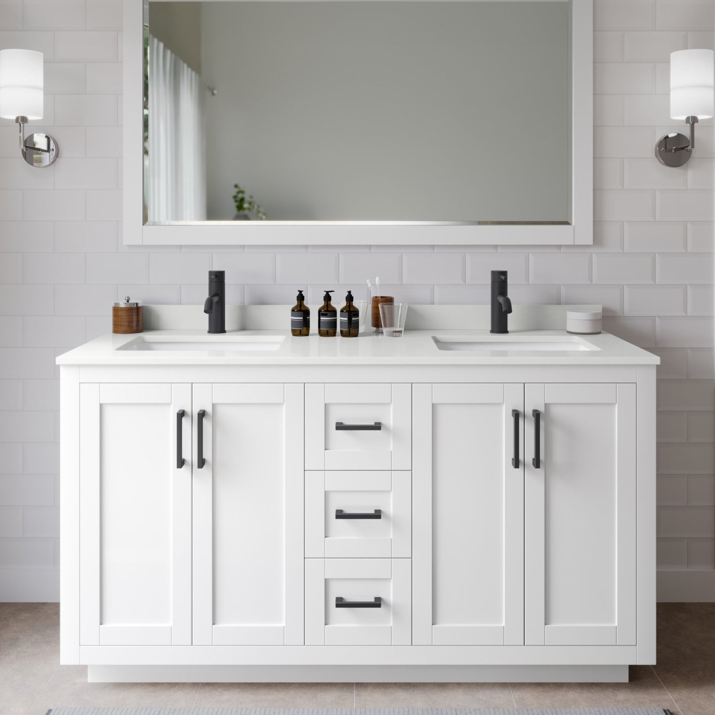 Miranda Bathroom Vanity with Countertop 60 inch Double Sink Single hole Faucet Setup