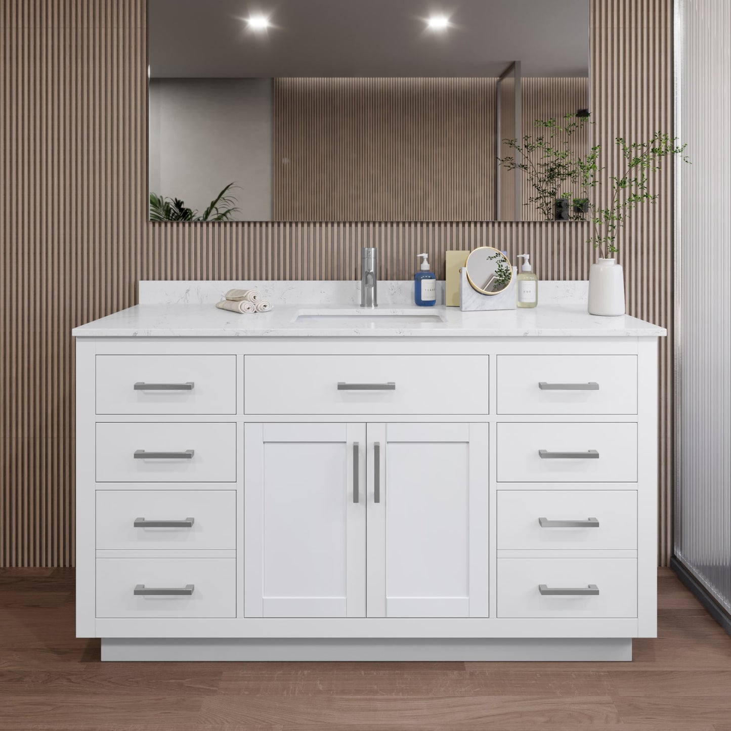 Beckett TK Bathroom Vanity with Countertop 60 inch Single Sink Single hole Faucet Setup