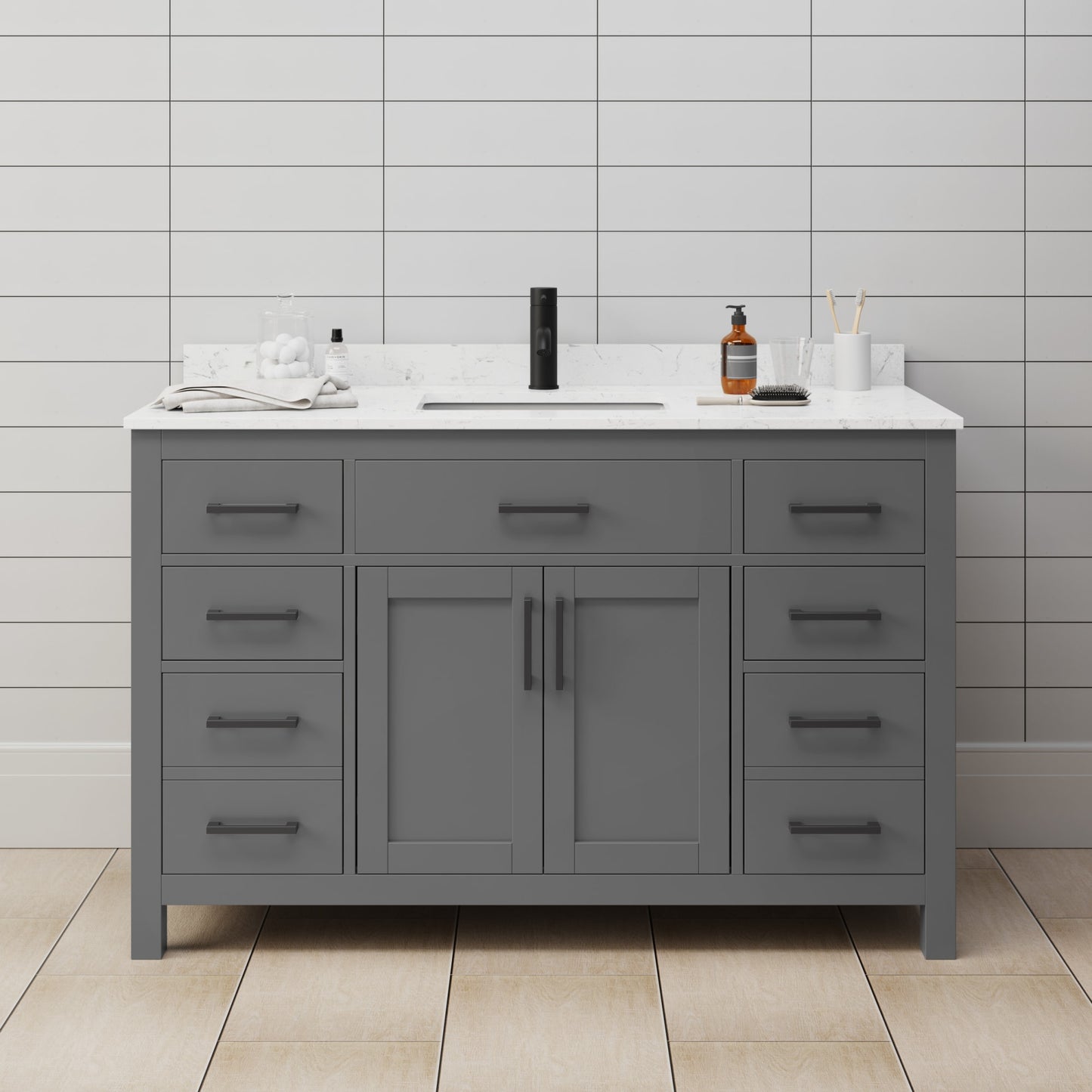 Beckett Bathroom Vanity with Countertop 54 inch Single Sink Single hole Faucet Setup