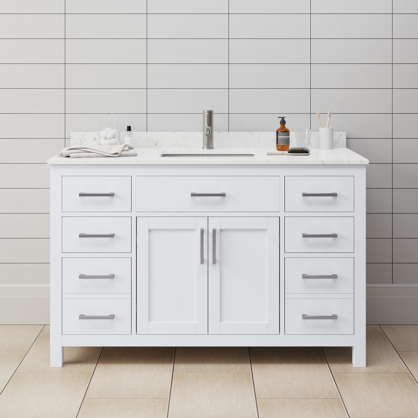 Beckett Bathroom Vanity with Countertop 54 inch Single Sink Single hole Faucet Setup