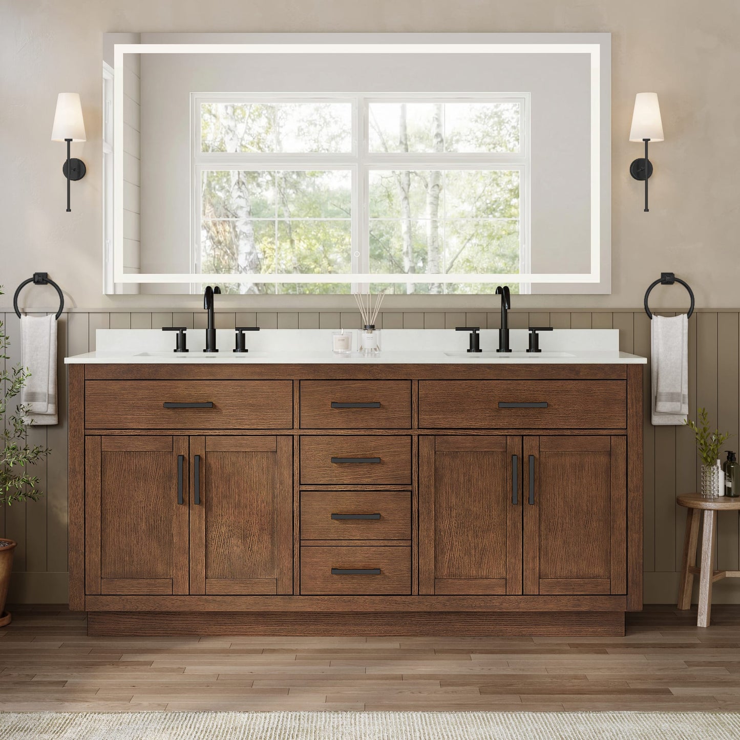 Beckett TK Bathroom Vanity with Countertop 72 inch Double Sink 3-hole Faucet Setup