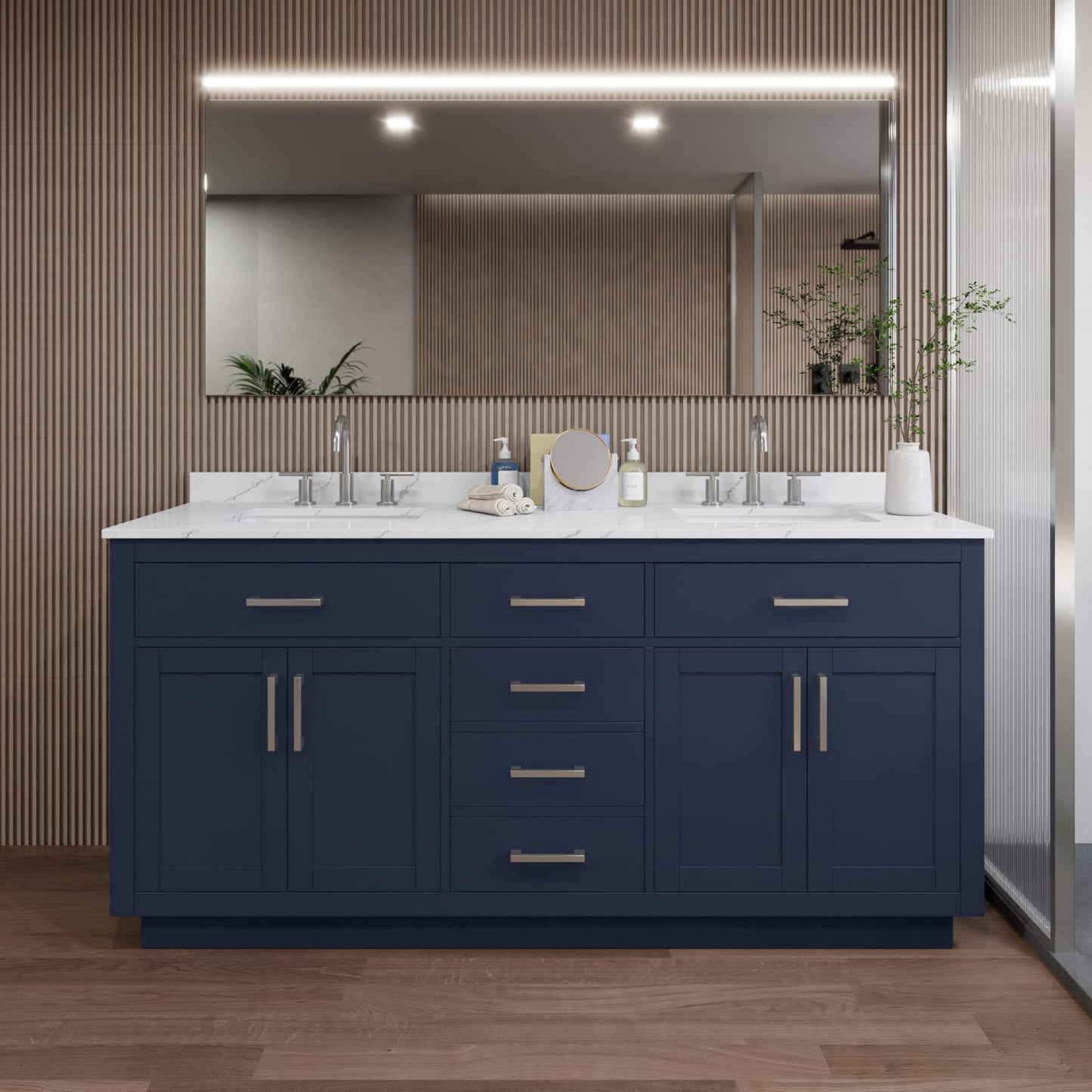 Beckett TK Bathroom Vanity with Countertop 72 inch Double Sink 3-hole Faucet Setup