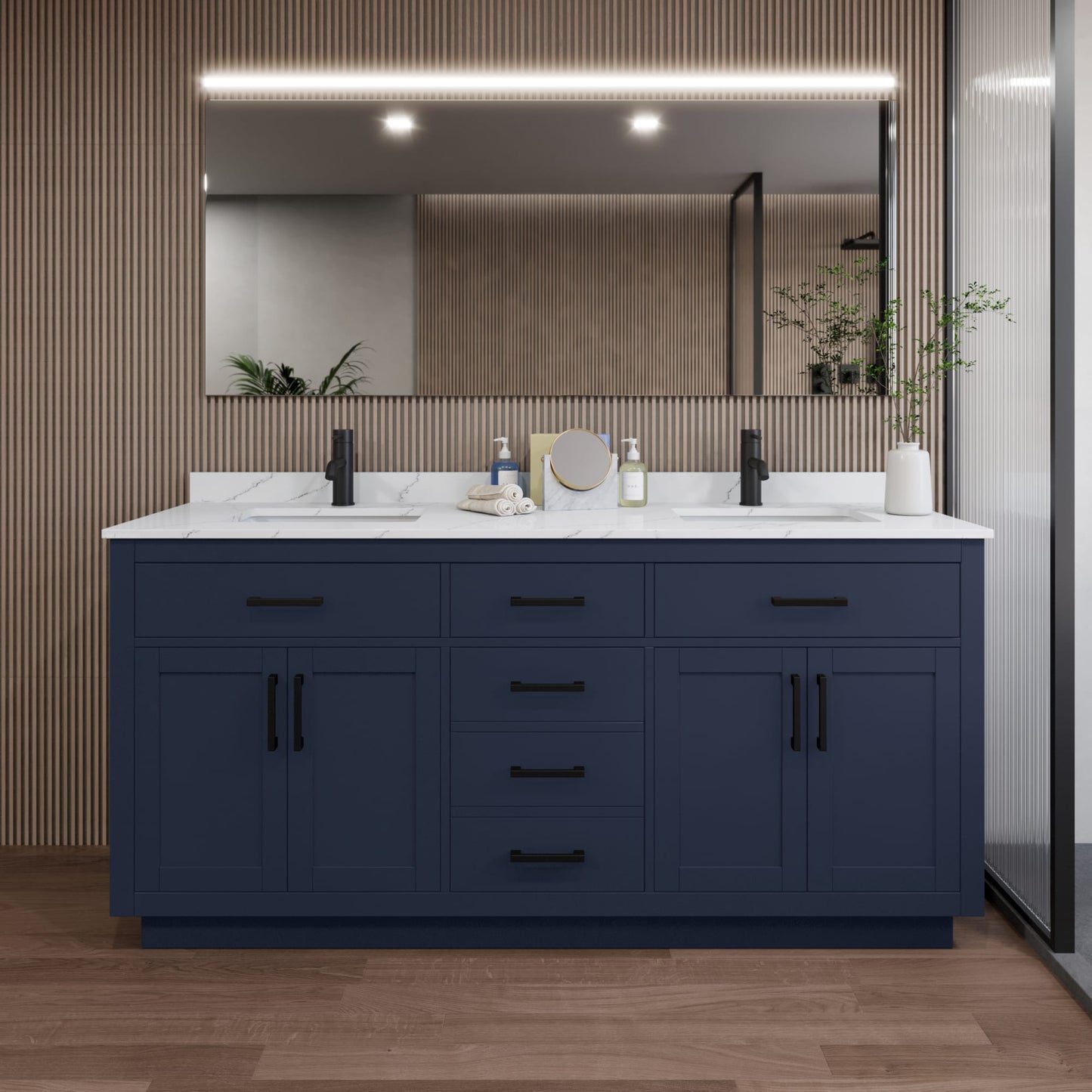 Beckett TK Bathroom Vanity with Countertop 72 inch Double Sink Single hole Faucet Setup