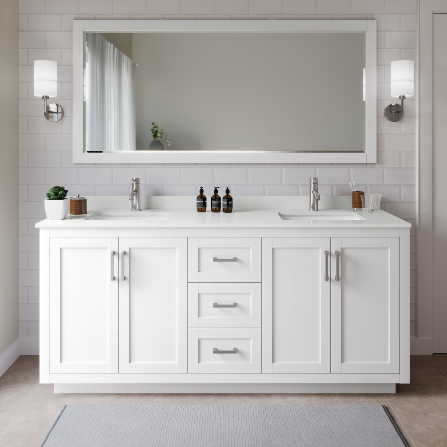 Miranda Bathroom Vanity with Countertop 72 inch Double Sink Single hole Faucet Setup