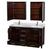 Custom image for Espresso with Brushed Chrome Trim / White Carrara Marble, Rectangular Sink / Medicine Cabinets