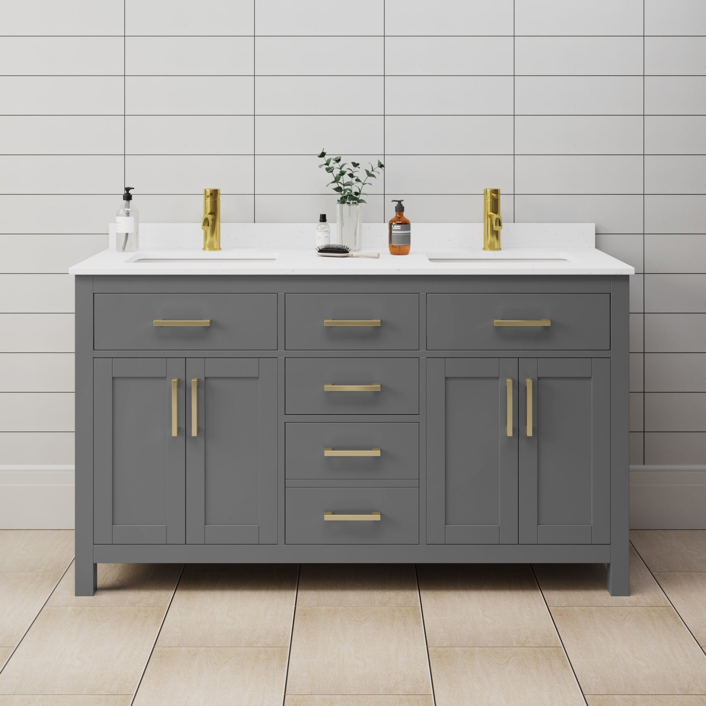 Beckett Bathroom Vanity with Countertop 60 inch Double Sink Single hole Faucet Setup