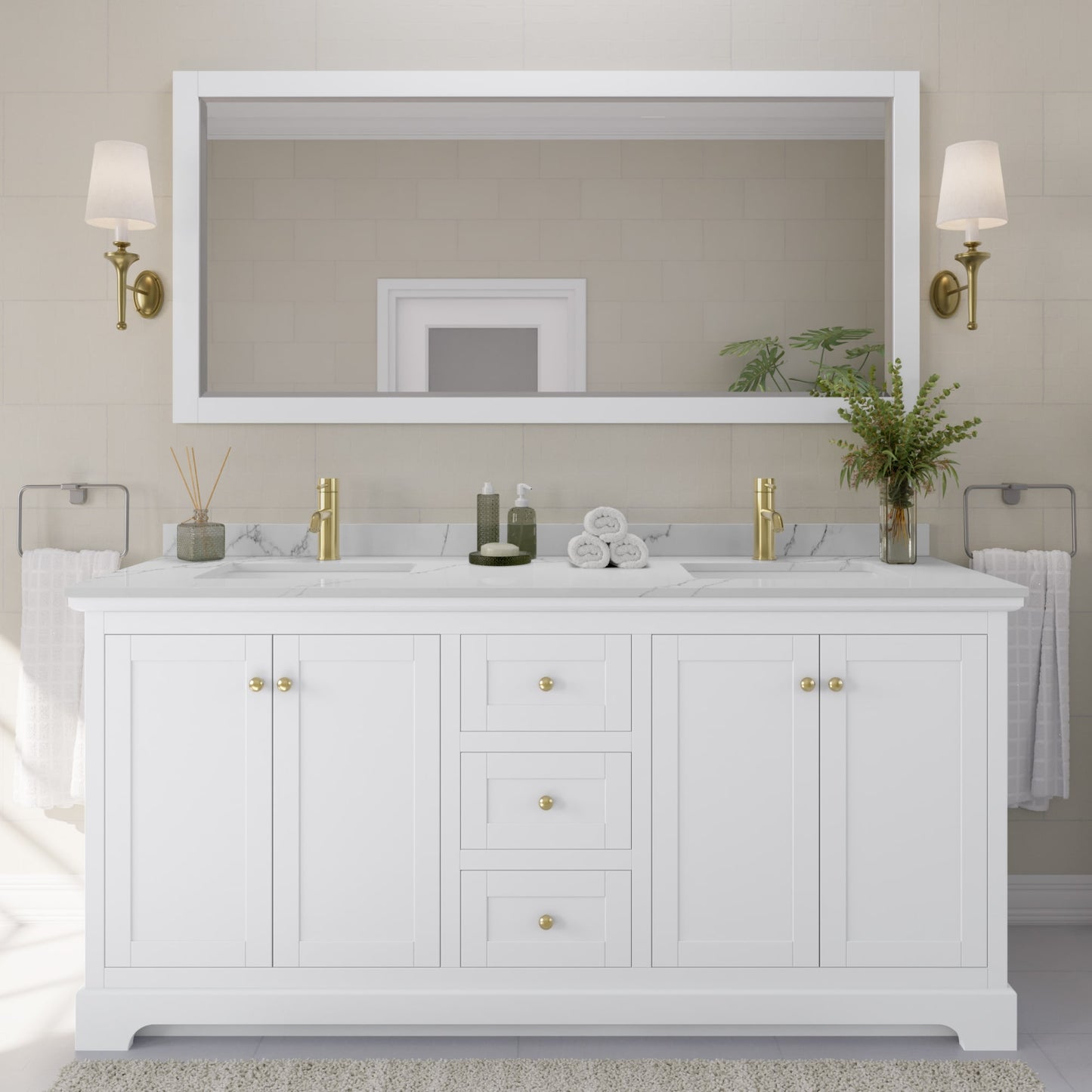 Avery Bathroom Vanity with Countertop 72 inch Double Sink Single hole Faucet Setup