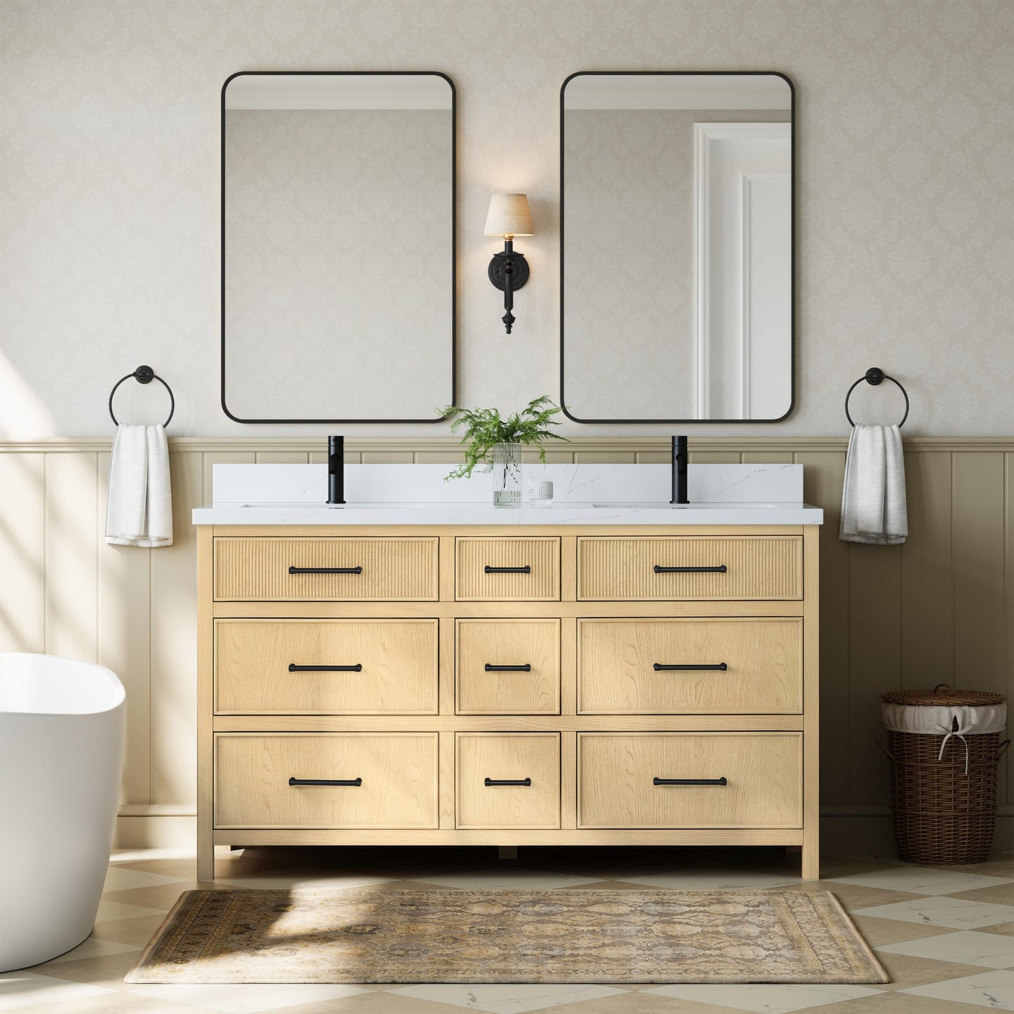 Isola Bathroom Vanity with Countertop 60 inch Double Sink Single hole Faucet Setup