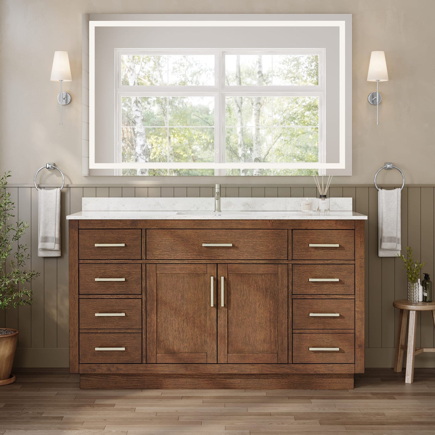 Beckett TK Bathroom Vanity with Countertop 60 inch Single Sink Single hole Faucet Setup