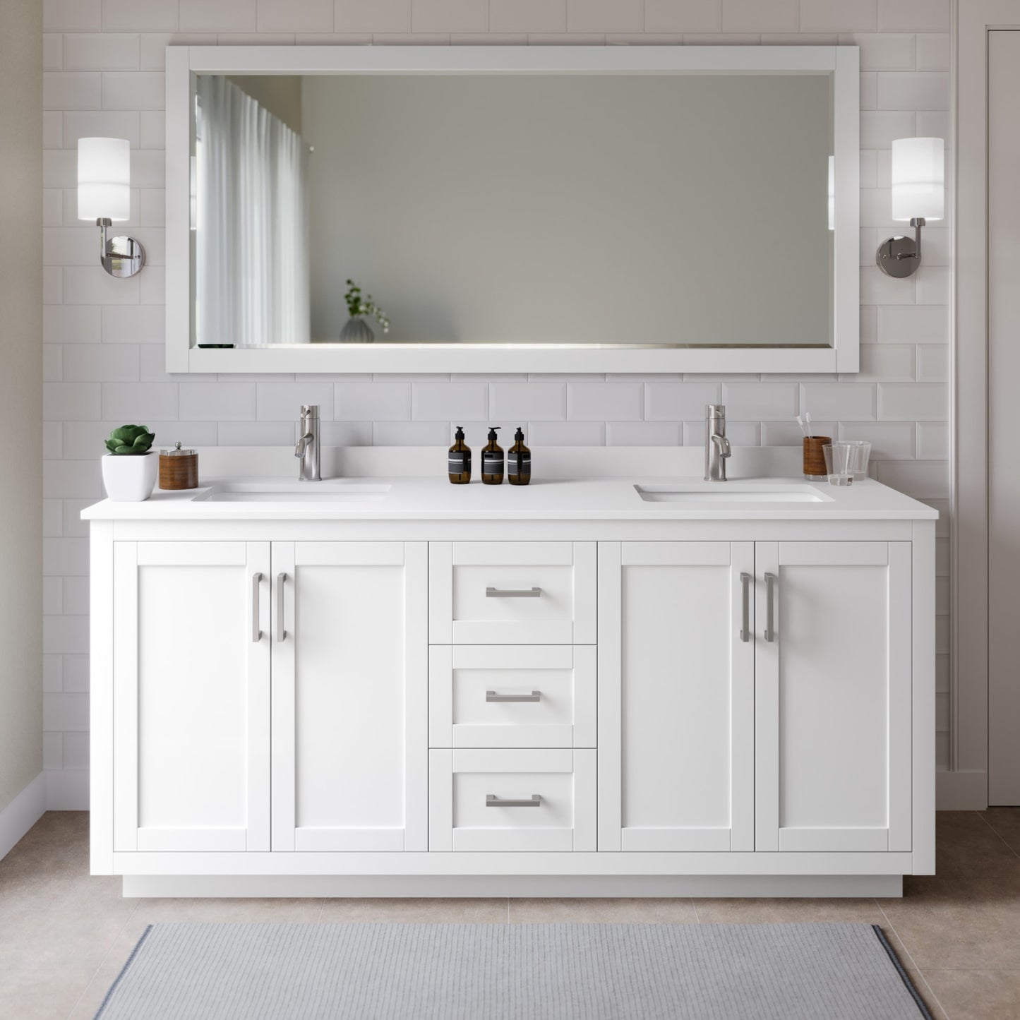 Miranda Bathroom Vanity with Countertop 72 inch Double Sink Single hole Faucet Setup