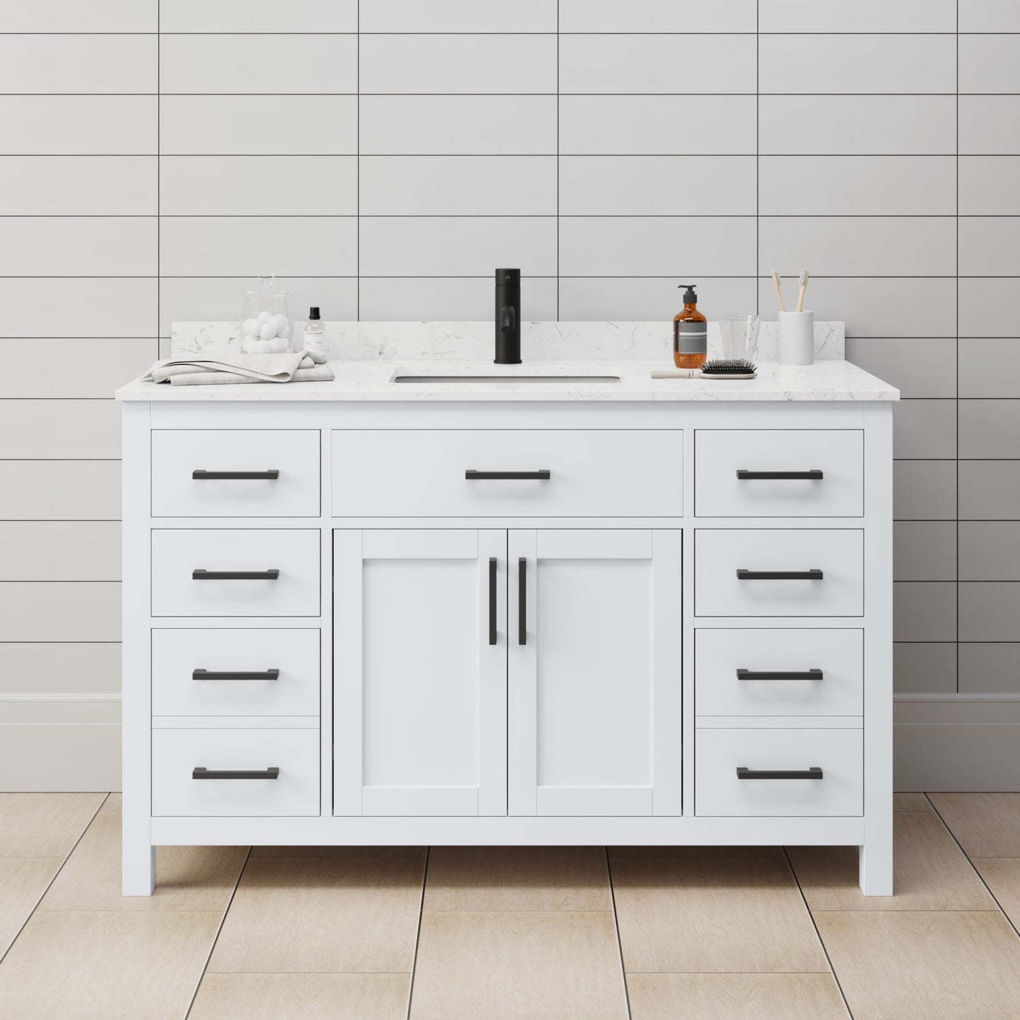 Beckett Bathroom Vanity with Countertop 54 inch Single Sink Single hole Faucet Setup