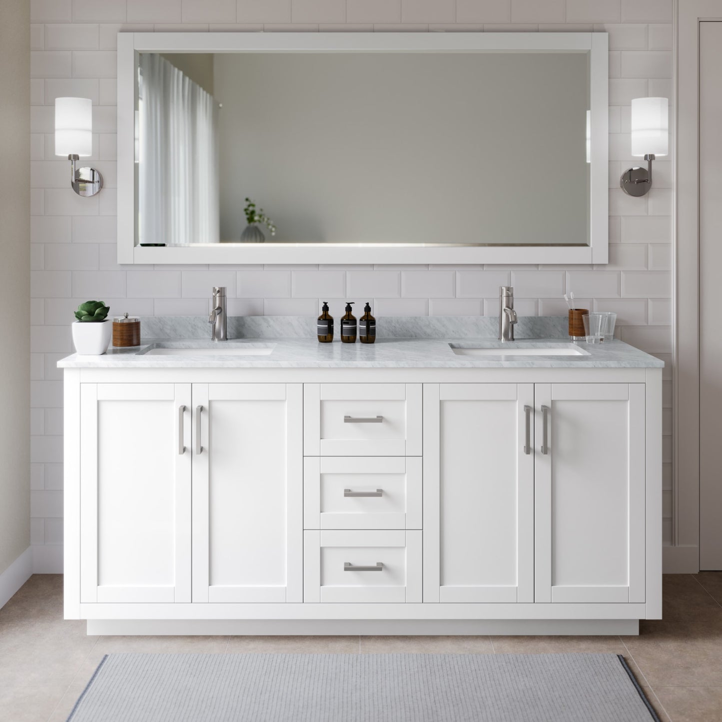 Miranda Bathroom Vanity with Countertop 72 inch Double Sink Single hole Faucet Setup