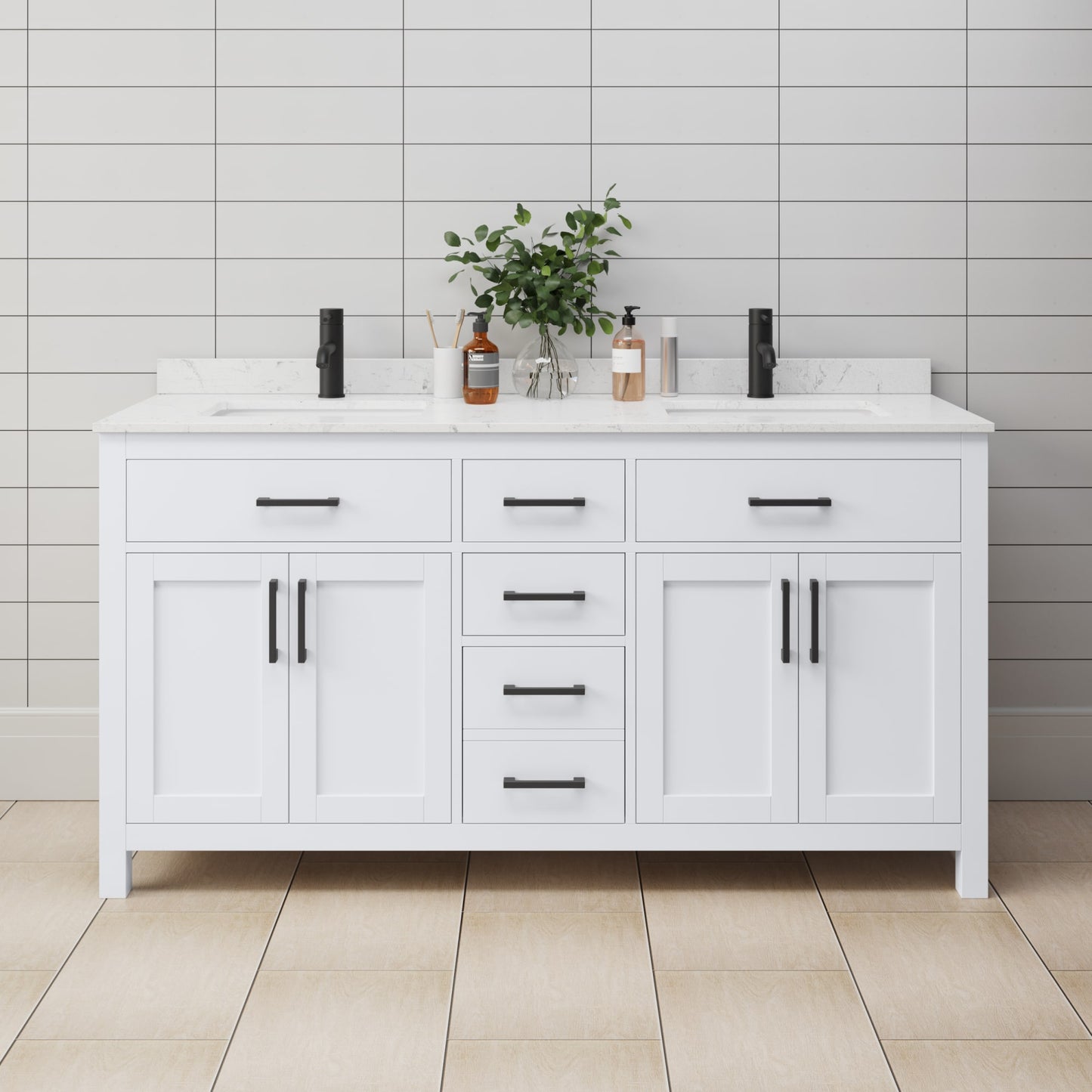Beckett Bathroom Vanity with Countertop 66 inch Double Sink Single hole Faucet Setup