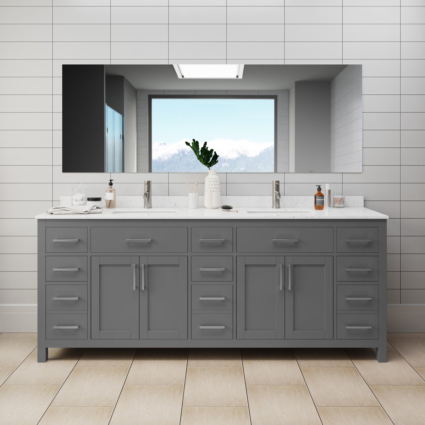 Beckett Bathroom Vanity with Countertop 84 inch Double Sink Single hole Faucet Setup