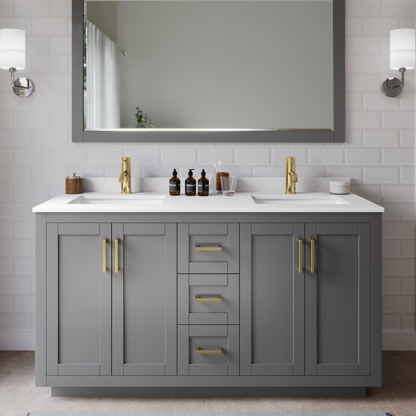 Miranda Bathroom Vanity with Countertop 60 inch Double Sink Single hole Faucet Setup