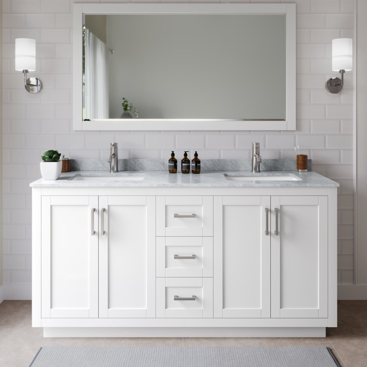Miranda Bathroom Vanity with Countertop 66 inch Double Sink Single hole Faucet Setup