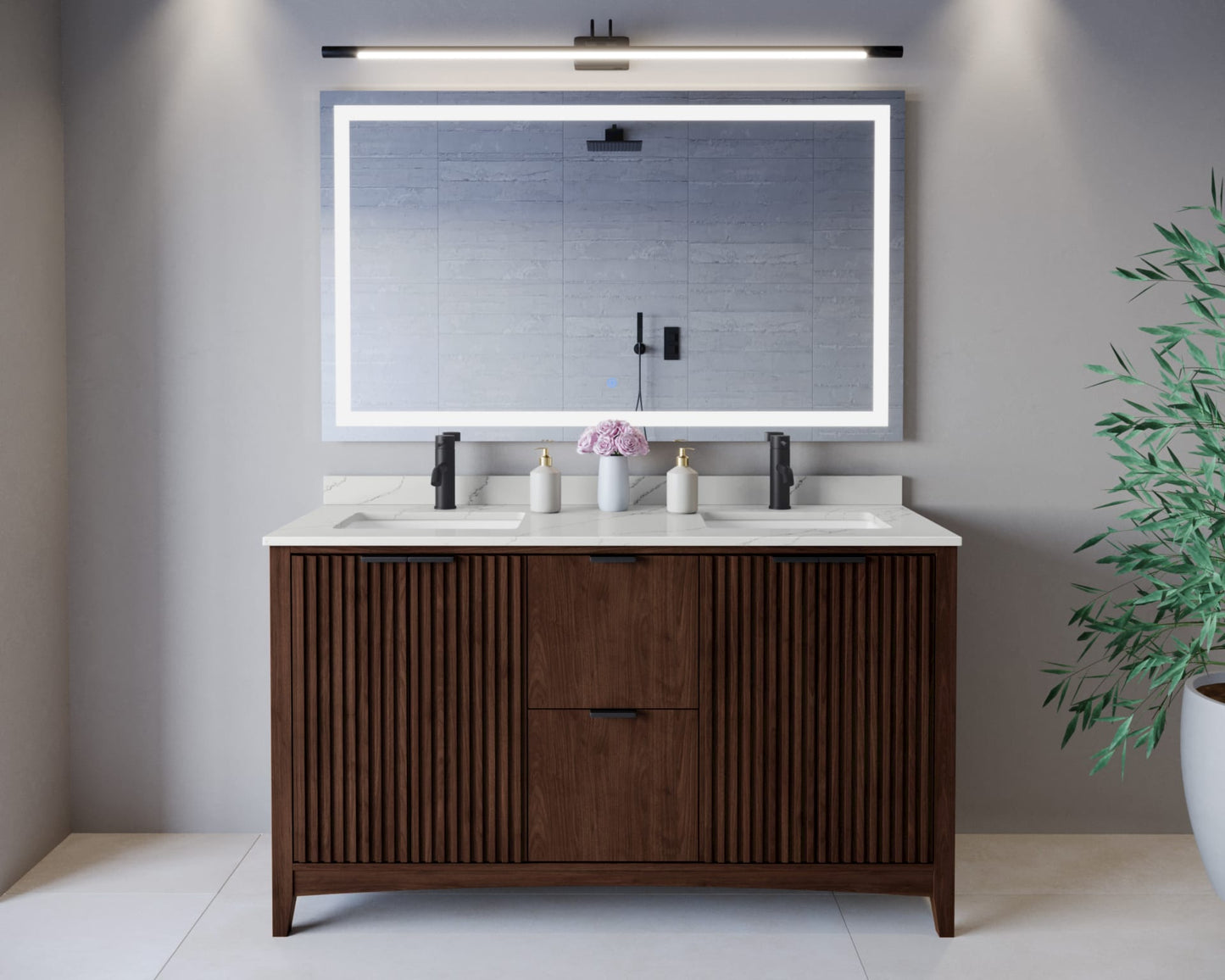 Palmilla Bathroom Vanity with Countertop 60 inch Double Sink Single hole Faucet Setup