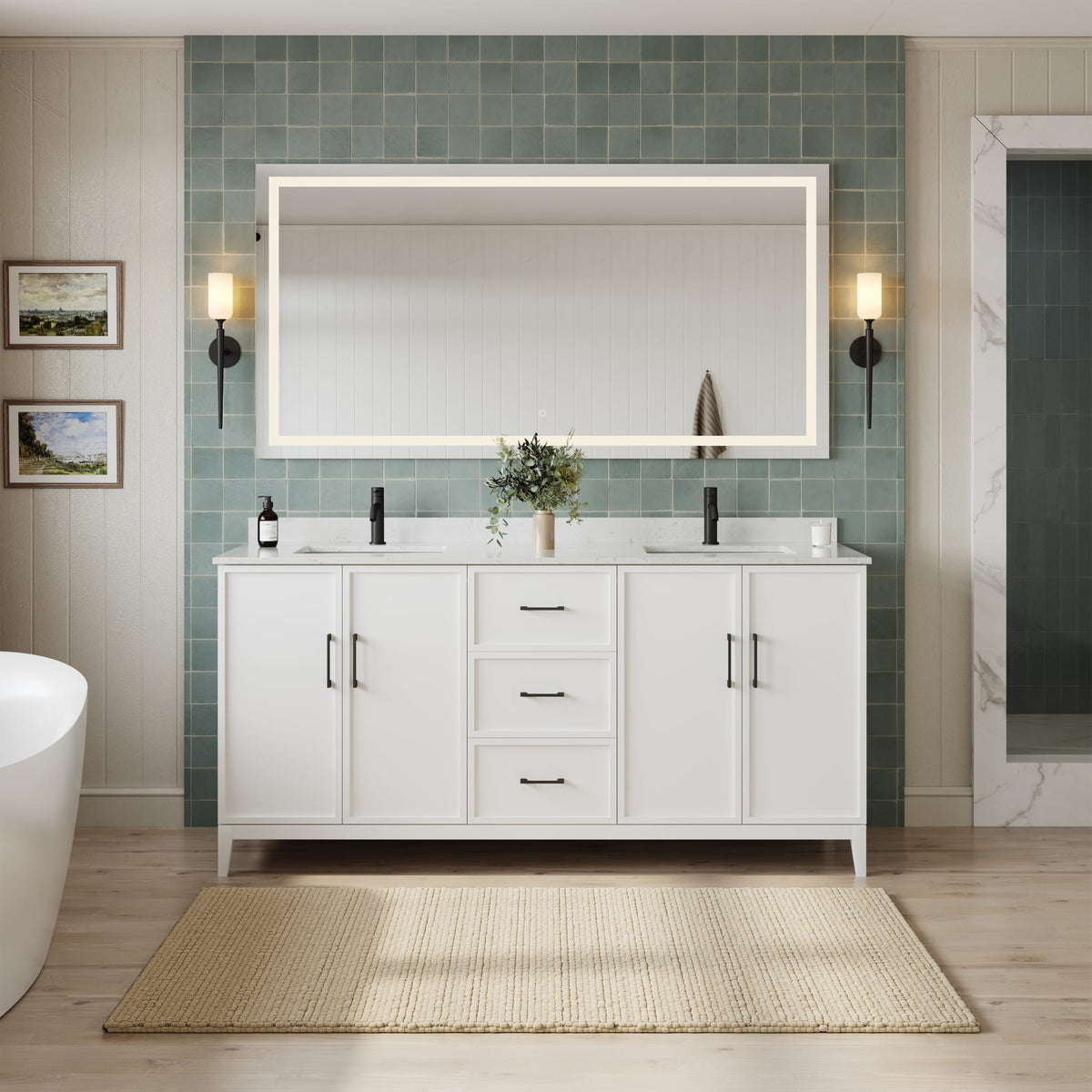 Elan Bathroom Vanity with Countertop 72 inch Double Sink Single hole Faucet Setup