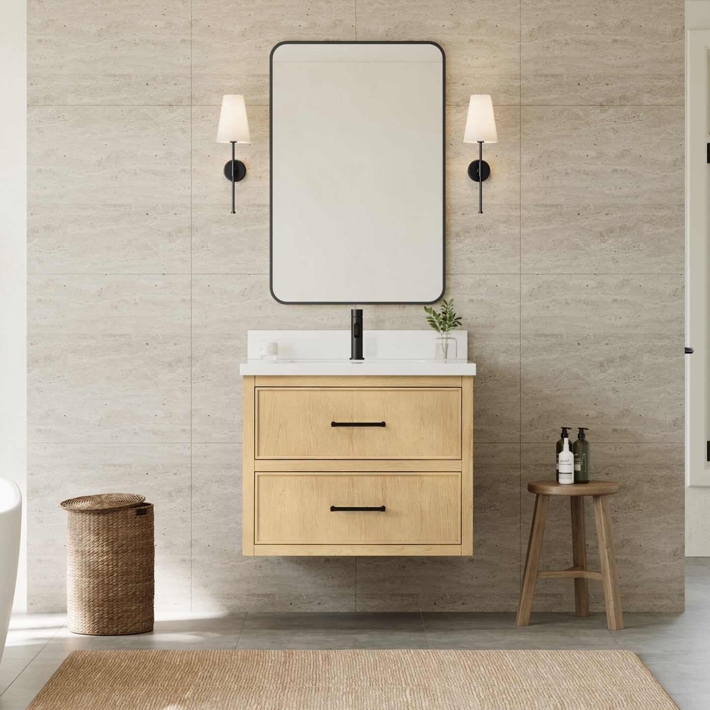 Isola WM Wall Mounted Bathroom Vanity with Countertop 30 inch Single Sink Single hole Faucet Setup