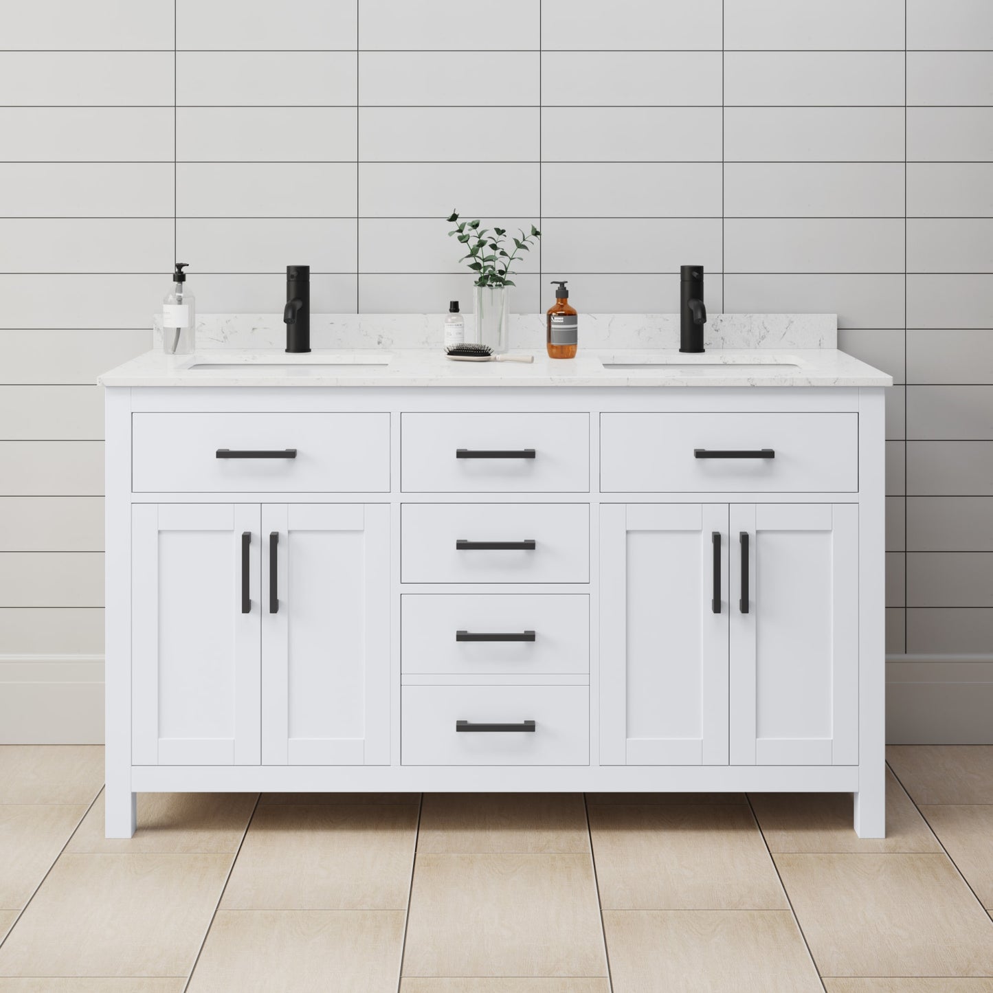Beckett Bathroom Vanity with Countertop 60 inch Double Sink Single hole Faucet Setup