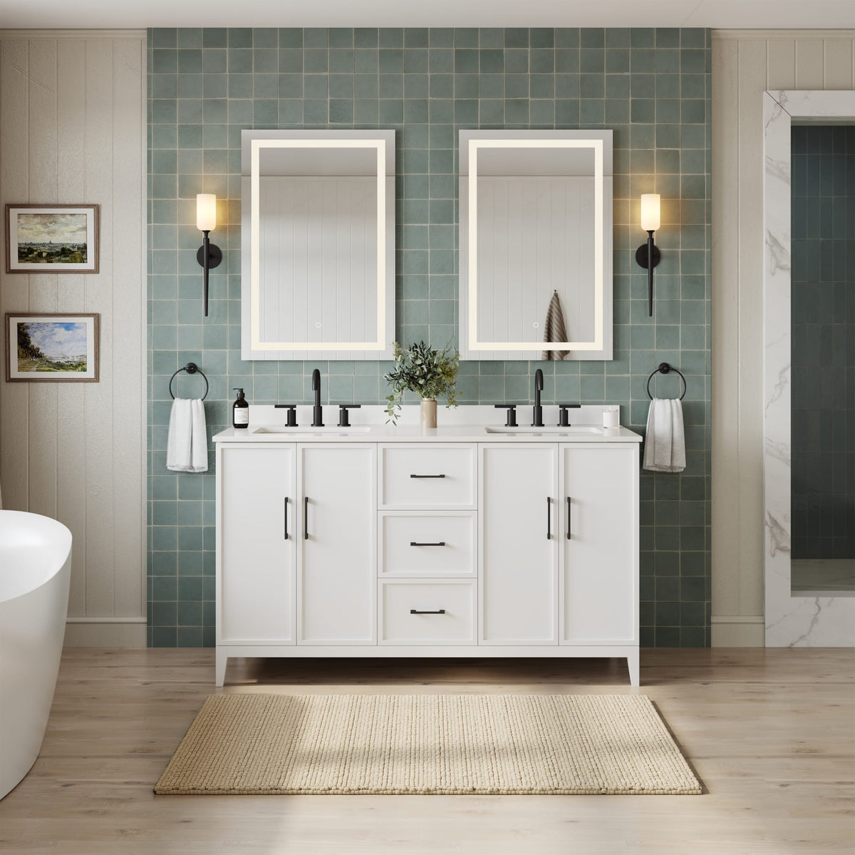 Elan Bathroom Vanity with Countertop 60 inch Double Sink 3-hole Faucet Setup
