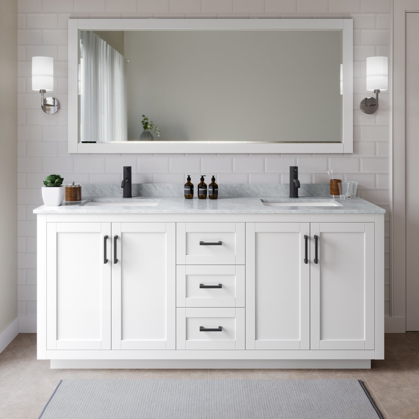 Miranda Bathroom Vanity with Countertop 72 inch Double Sink Single hole Faucet Setup