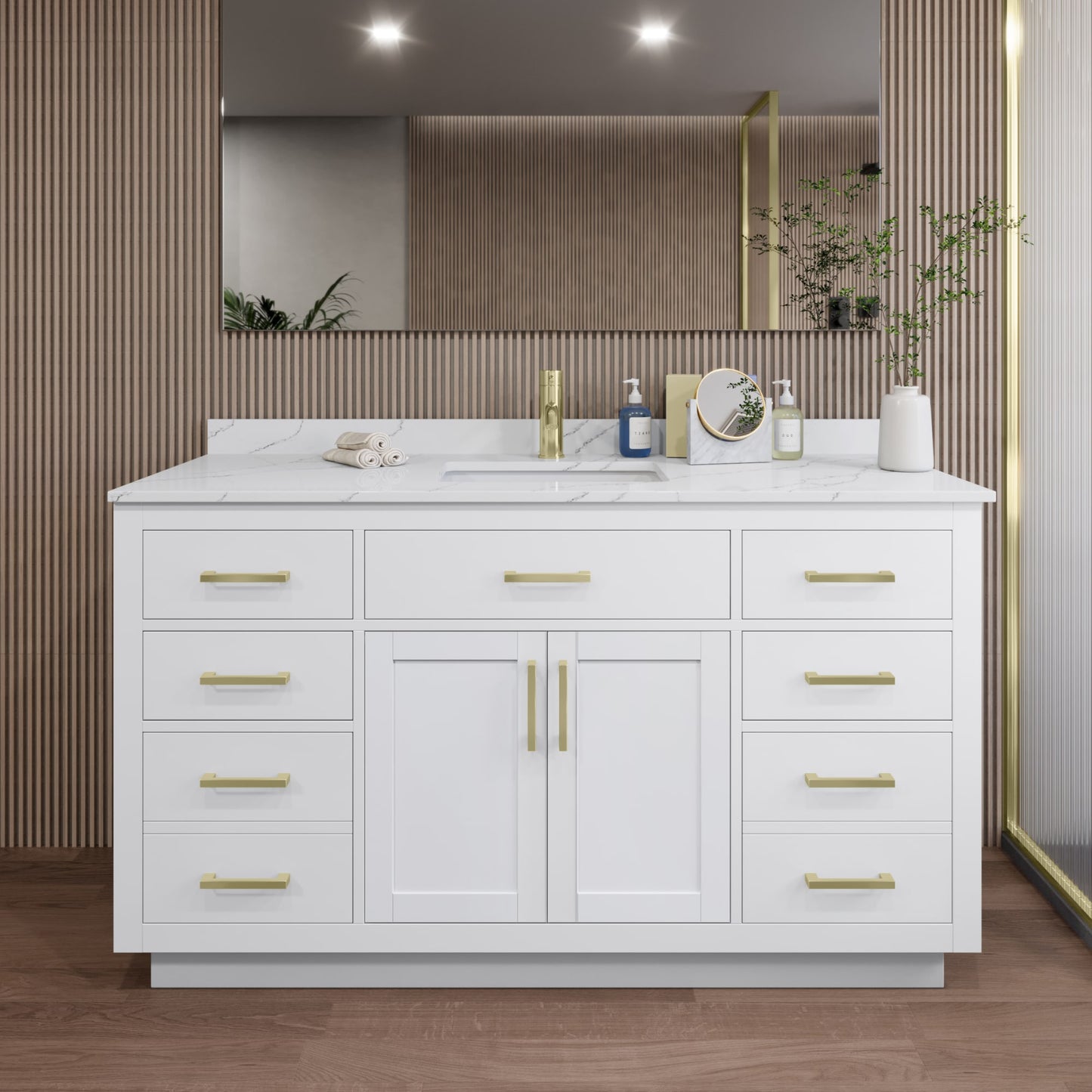 Beckett TK Bathroom Vanity with Countertop 60 inch Single Sink Single hole Faucet Setup