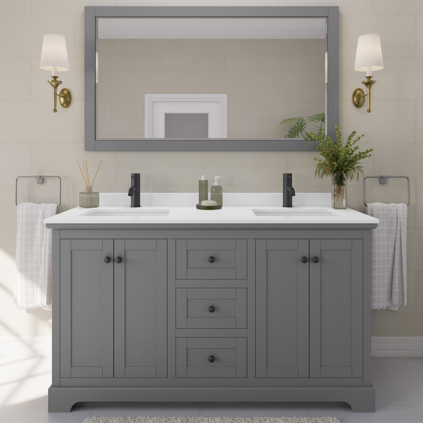 Avery Bathroom Vanity with Countertop 60 inch Double Sink Single hole Faucet Setup