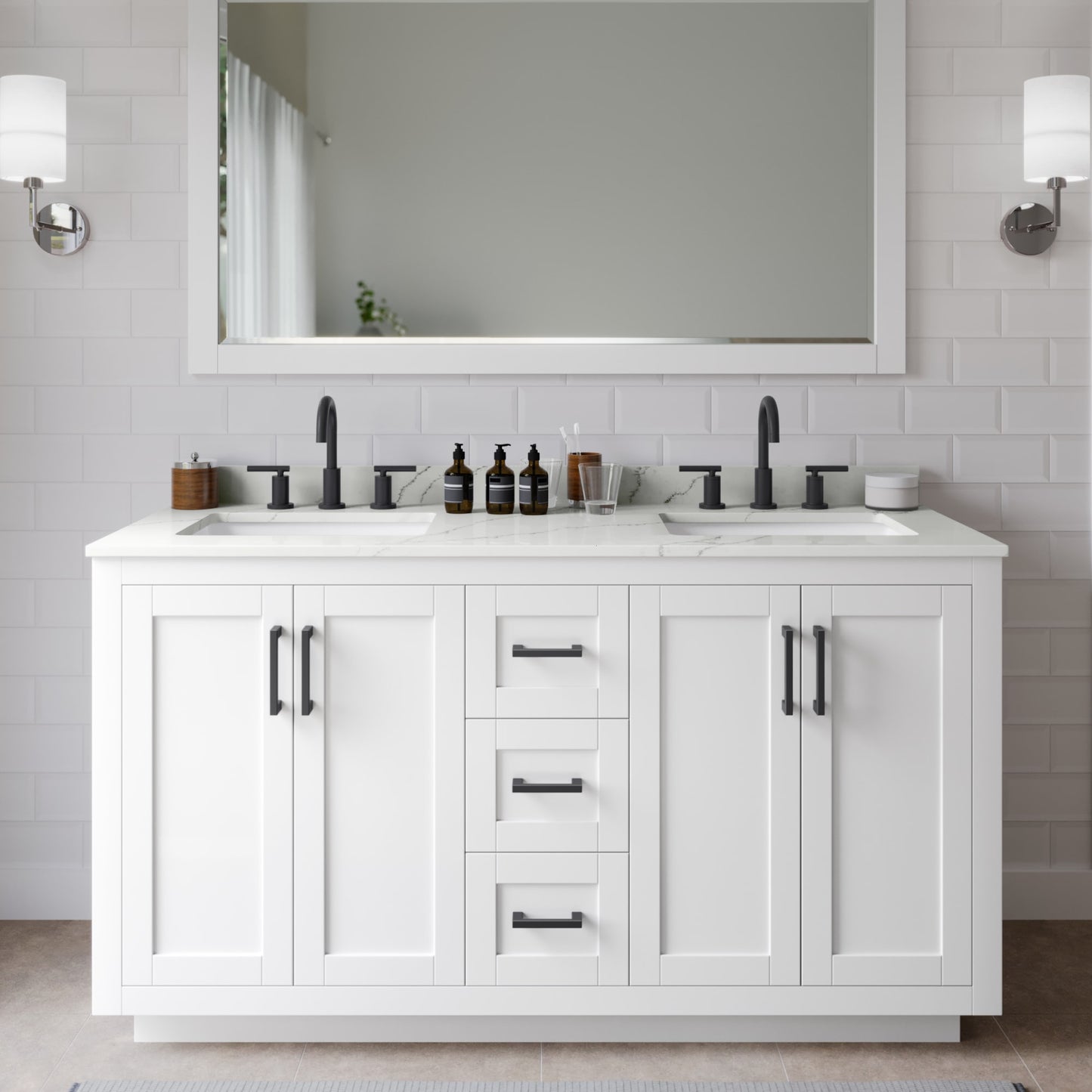 Miranda Bathroom Vanity with Countertop 60 inch Double Sink 3-hole Faucet Setup