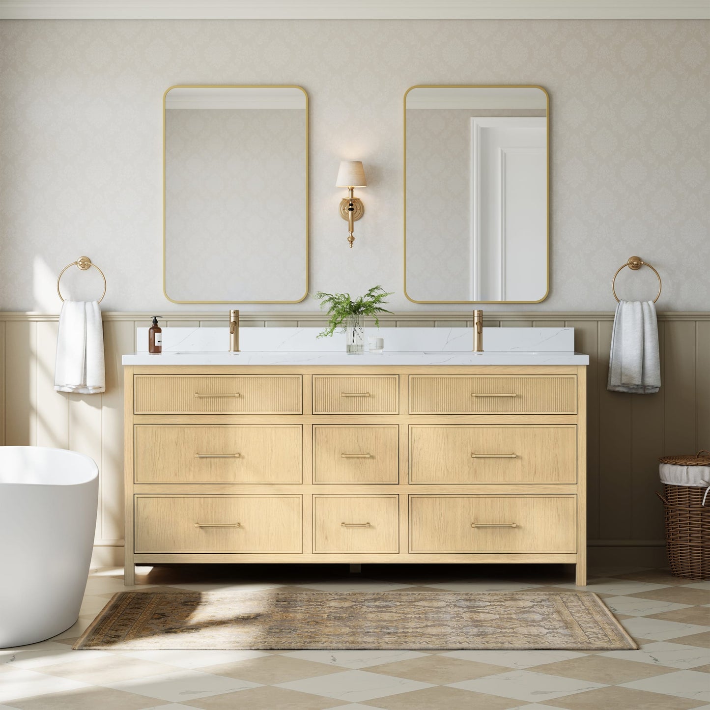 Isola Bathroom Vanity with Countertop 72 inch Double Sink Single hole Faucet Setup