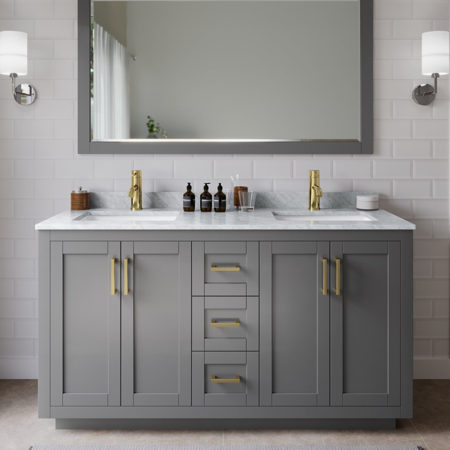 Miranda Bathroom Vanity with Countertop 60 inch Double Sink Single hole Faucet Setup