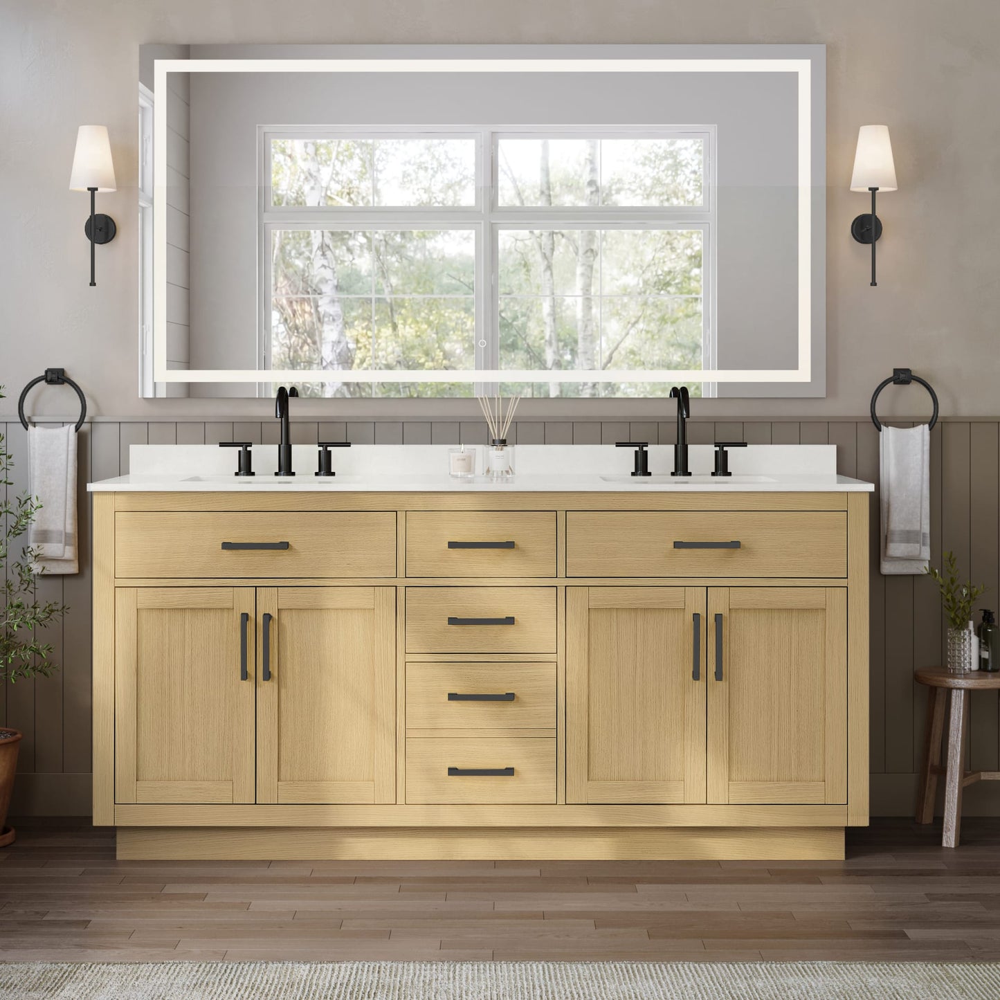 Beckett TK Bathroom Vanity with Countertop 72 inch Double Sink 3-hole Faucet Setup