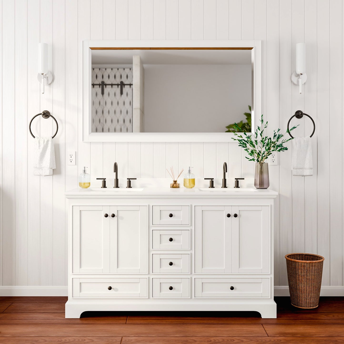 Deborah Bathroom Vanity with Countertop 60 inch Double Sink 3-hole Faucet Setup