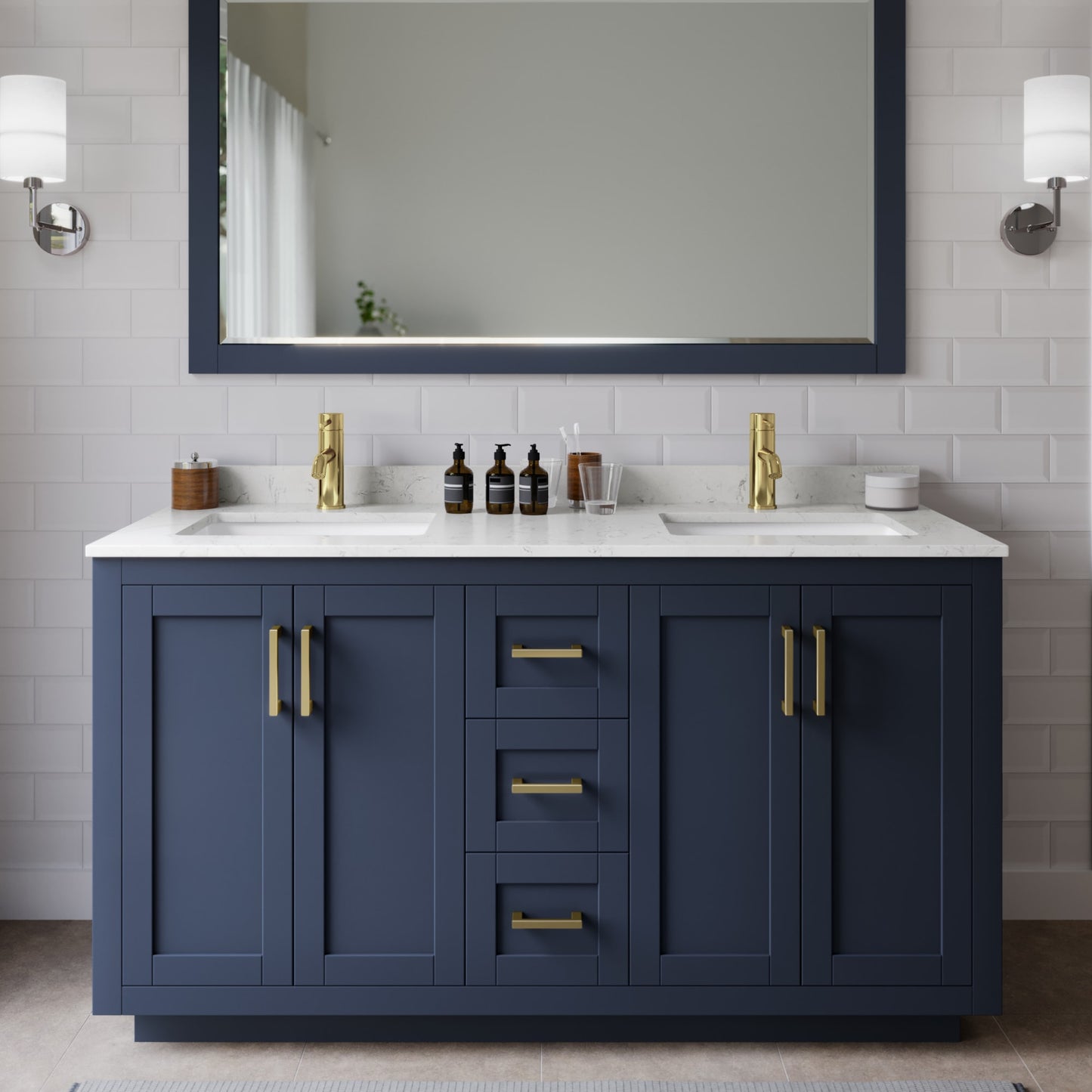 Miranda Bathroom Vanity with Countertop 60 inch Double Sink Single hole Faucet Setup
