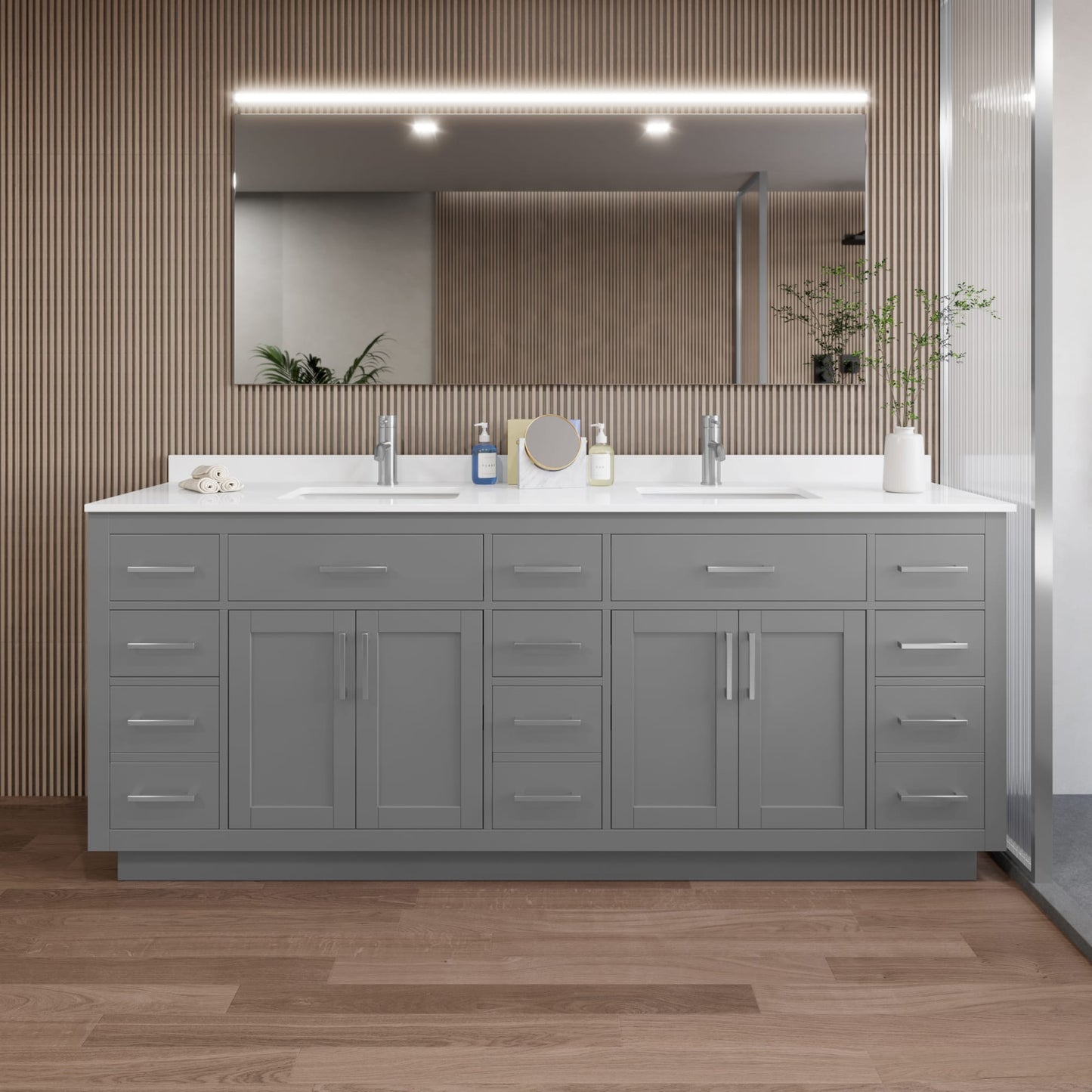 Beckett TK Bathroom Vanity with Countertop 84 inch Double Sink Single hole Faucet Setup