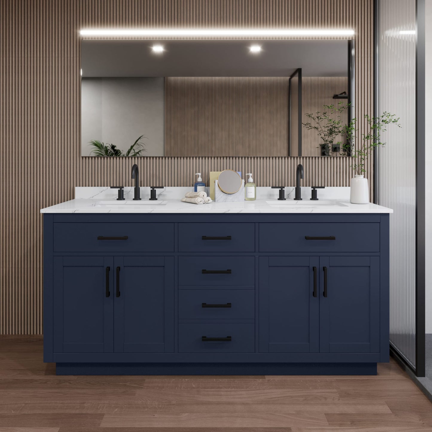 Beckett TK Bathroom Vanity with Countertop 72 inch Double Sink 3-hole Faucet Setup