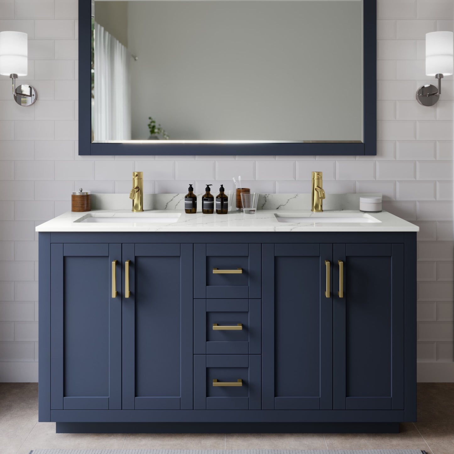 Miranda Bathroom Vanity with Countertop 60 inch Double Sink Single hole Faucet Setup
