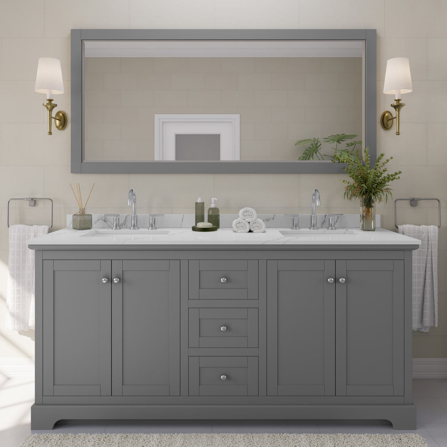 Avery Bathroom Vanity with Countertop 72 inch Double Sink 3-hole Faucet Setup