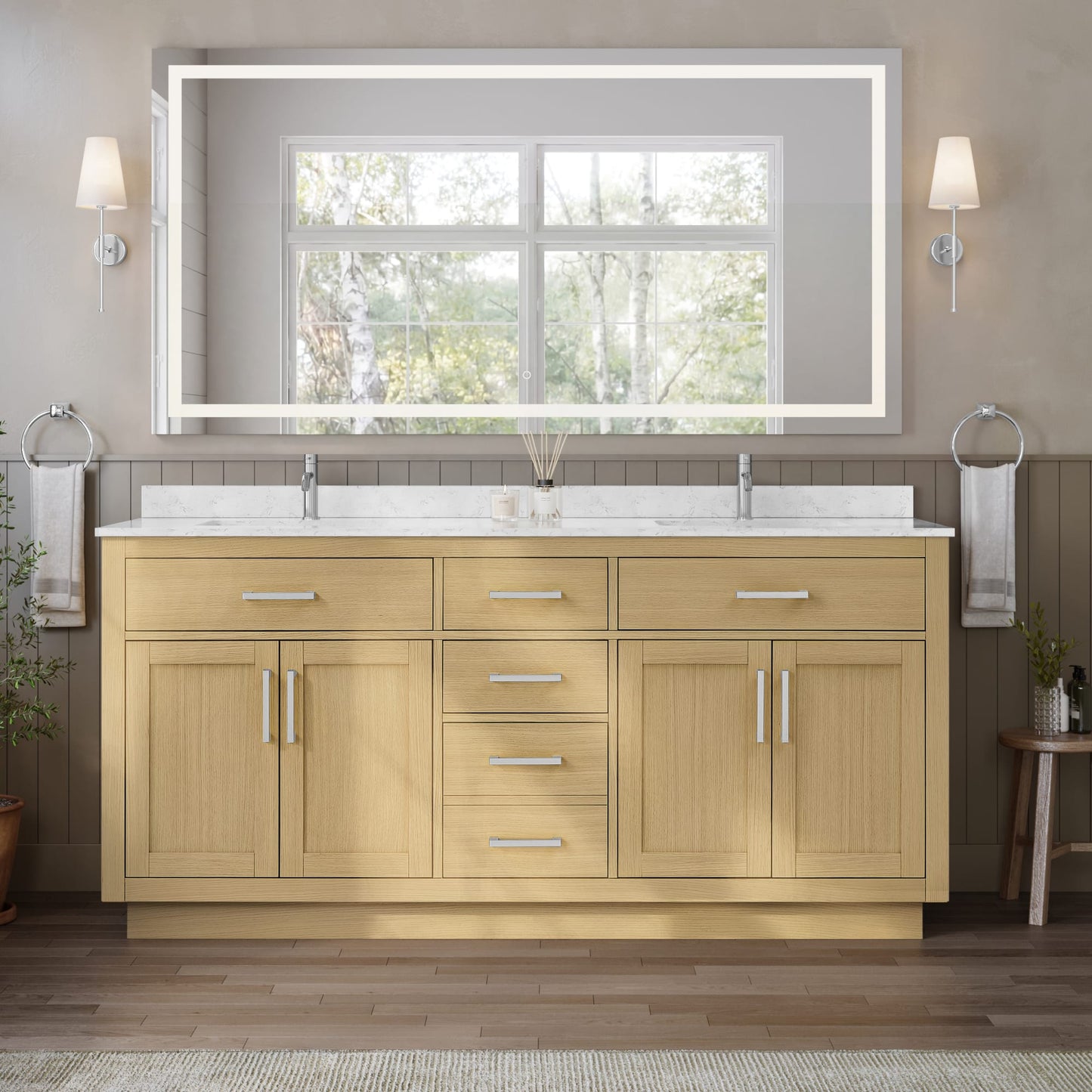 Beckett TK Bathroom Vanity with Countertop 72 inch Double Sink Single hole Faucet Setup