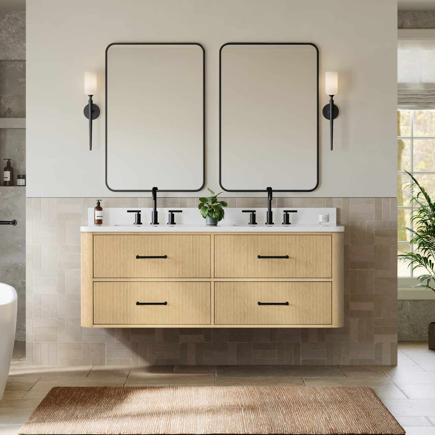 Francesca WM Wall Mounted Bathroom Vanity with Countertop 60 inch Double Sink 3-hole Faucet Setup