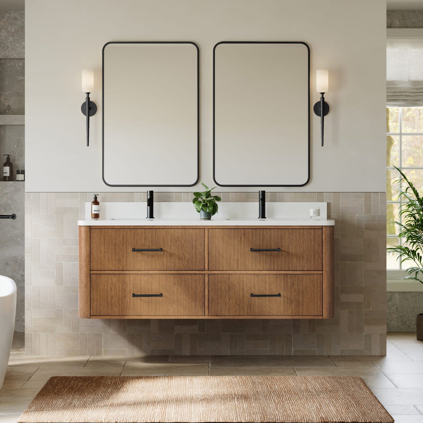 Francesca WM Wall Mounted Bathroom Vanity with Countertop 60 inch Double Sink Single hole Faucet Setup