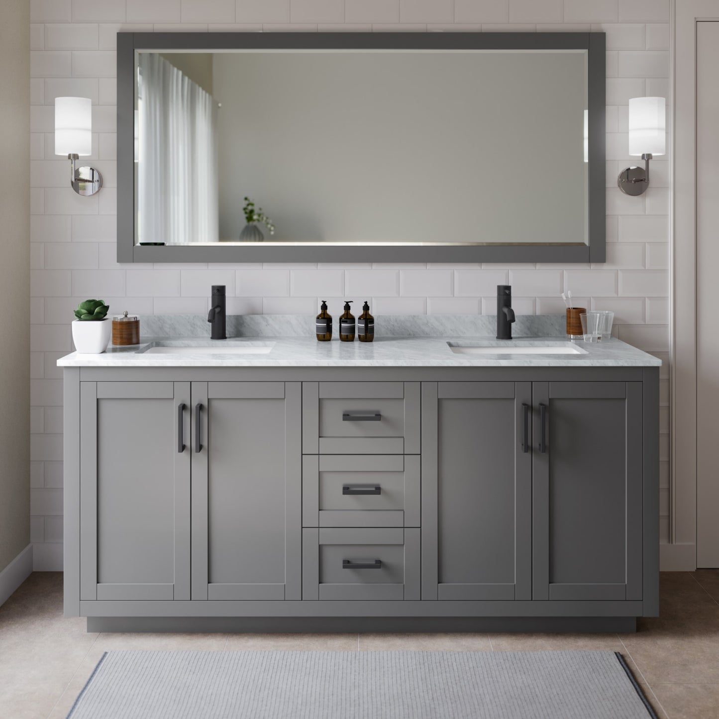 Miranda Bathroom Vanity with Countertop 72 inch Double Sink Single hole Faucet Setup