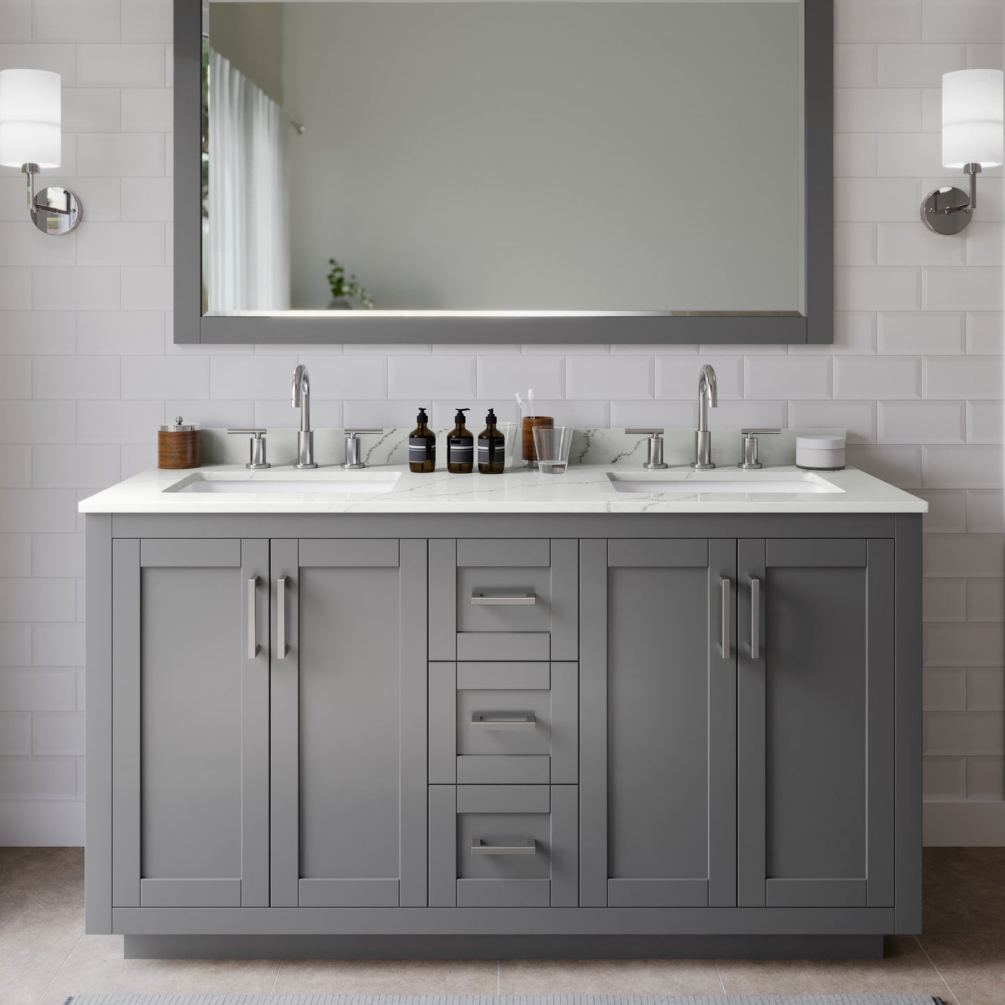 Miranda Bathroom Vanity with Countertop 60 inch Double Sink 3-hole Faucet Setup