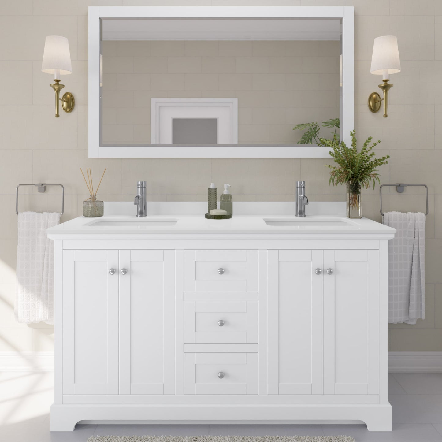 Avery Bathroom Vanity with Countertop 60 inch Double Sink Single hole Faucet Setup