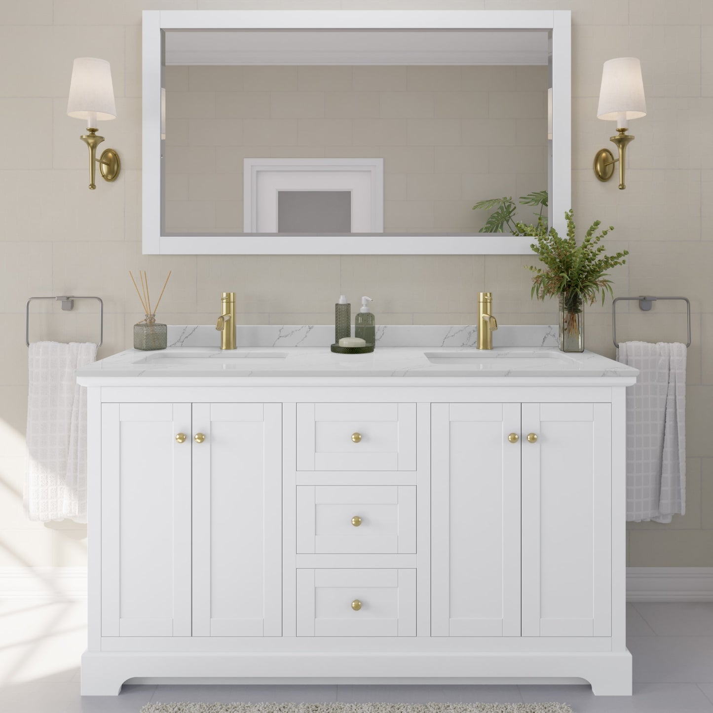 Avery Bathroom Vanity with Countertop 60 inch Double Sink Single hole Faucet Setup