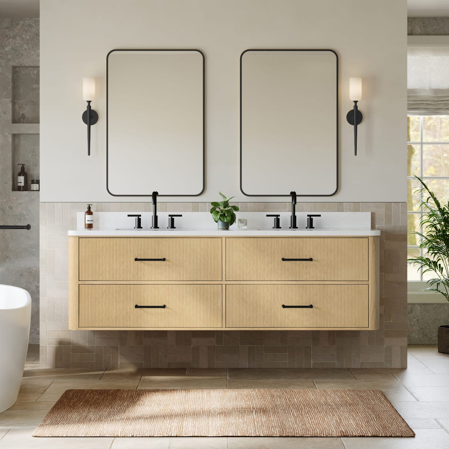 Francesca WM Wall Mounted Bathroom Vanity with Countertop 72 inch Double Sink 3-hole Faucet Setup